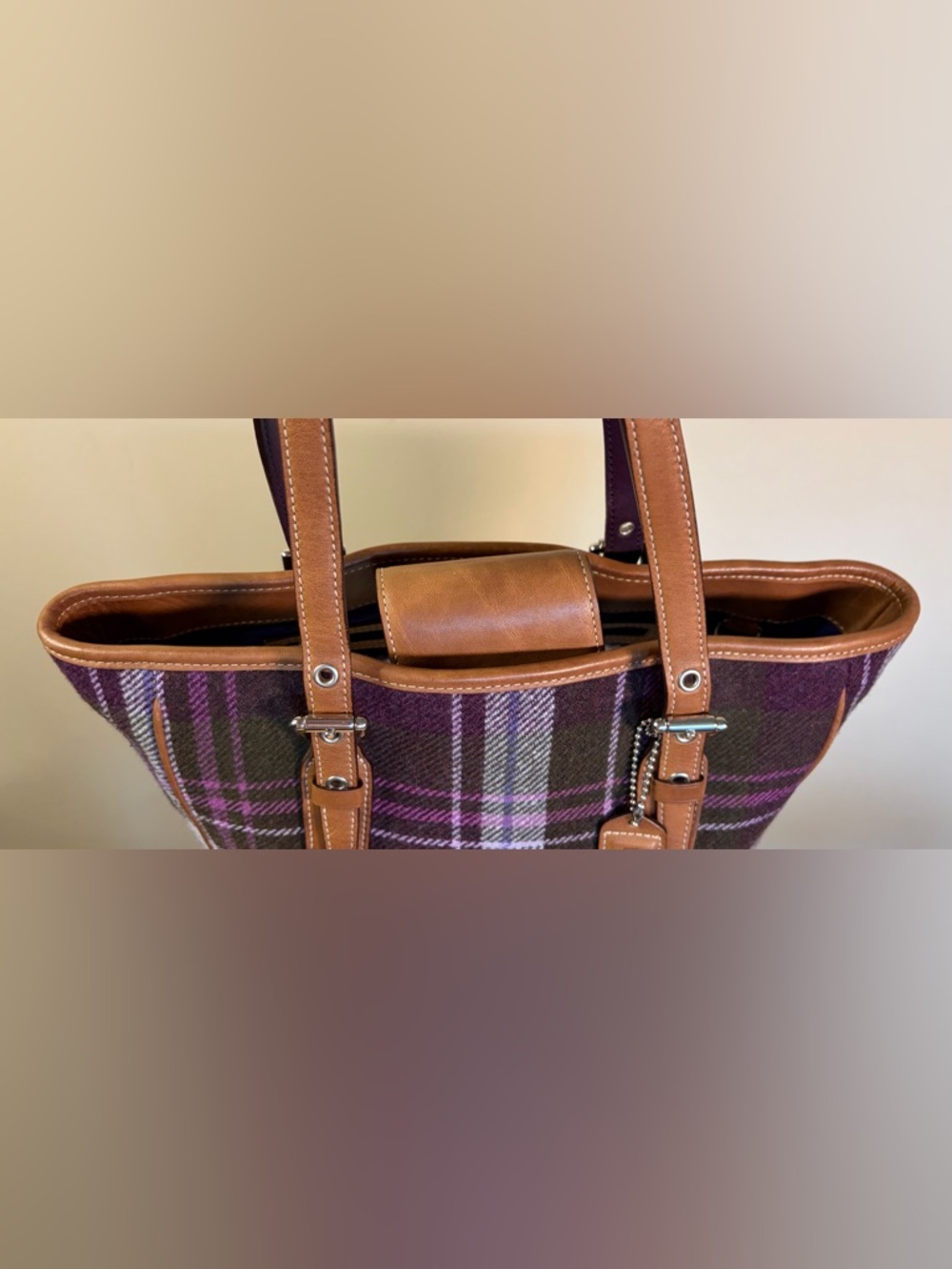 Vintage COACH Hampton Purple Tartan Plaid Wool Leather 83222 EUC - Picture 8 of 17